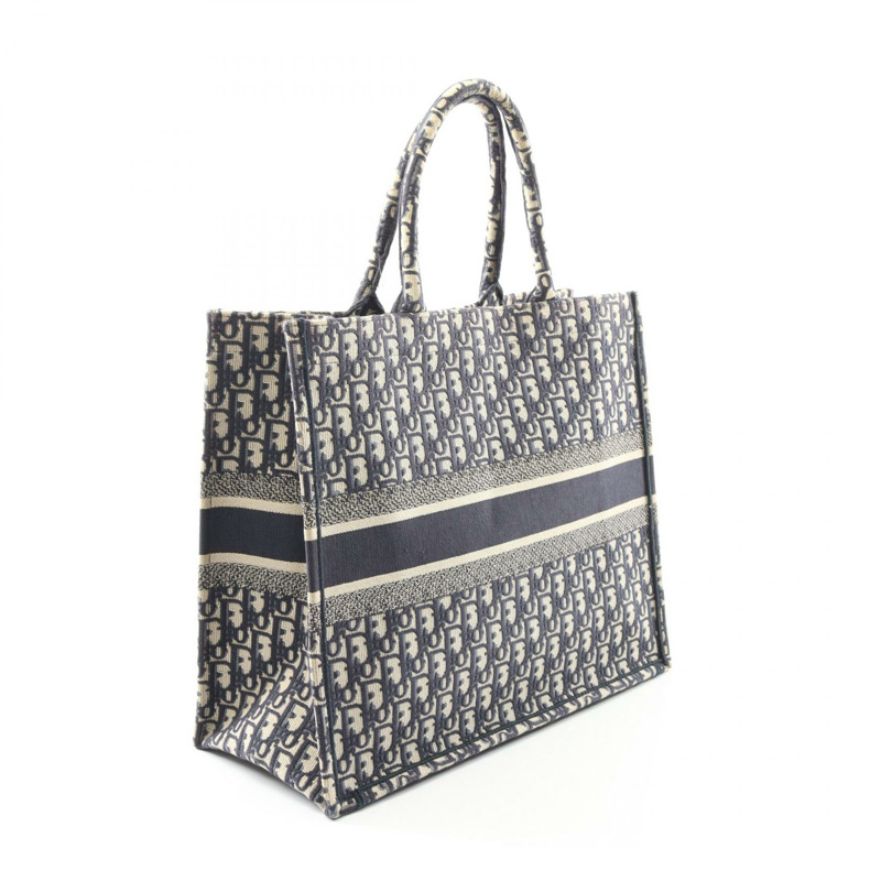 Christian Dior BOOK TOTE 大斜紋帆布手提包,海軍藍/米色,二手女士 CD-1