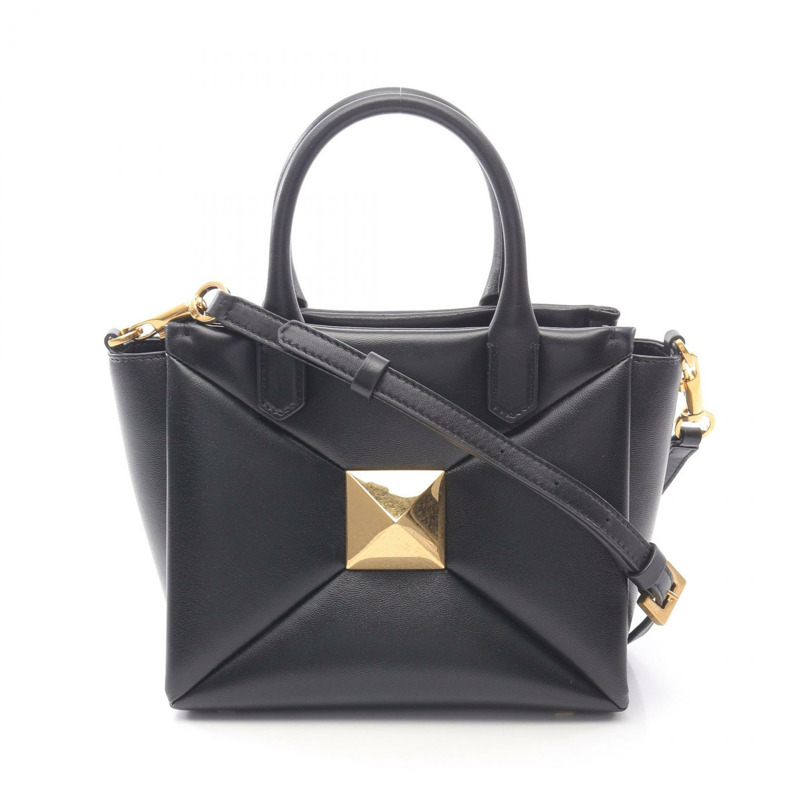 Valentino 黑色真皮單肩斜背手提包,二手女款,金色五金配件-0