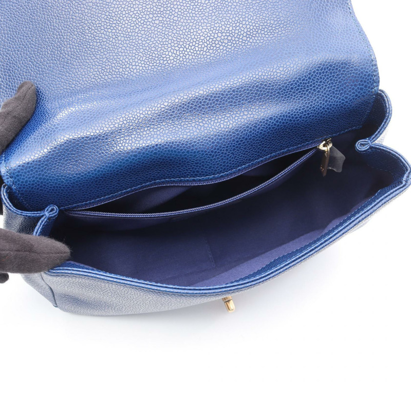 香奈兒 (CHANEL) 絎縫手柄鏈條斜挎單肩包,藍色皮革,二手,金色五金-2