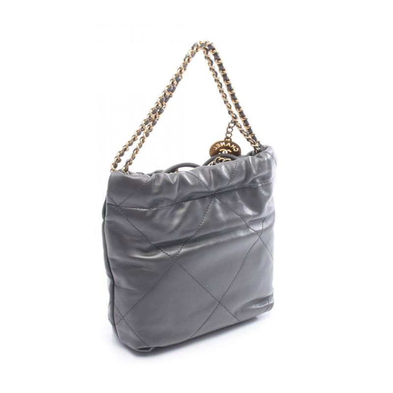 香奈兒 22 迷你絎縫斜背鏈條包 AS3980 皮革 灰色 金色五金-1