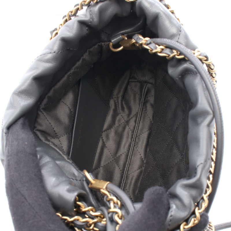 香奈兒 22 迷你絎縫斜背鏈條包 AS3980 皮革 灰色 金色五金-2