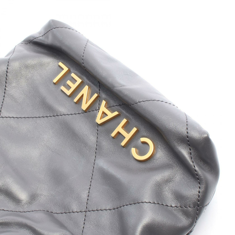 香奈兒 22 迷你絎縫斜背鏈條包 AS3980 皮革 灰色 金色五金-5