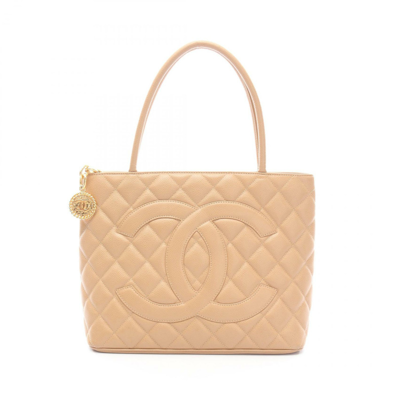 香奈兒 (CHANEL) Medallion 手提包 A01804 小牛皮 米色 二手 女士 金色五金 CC Coco-0