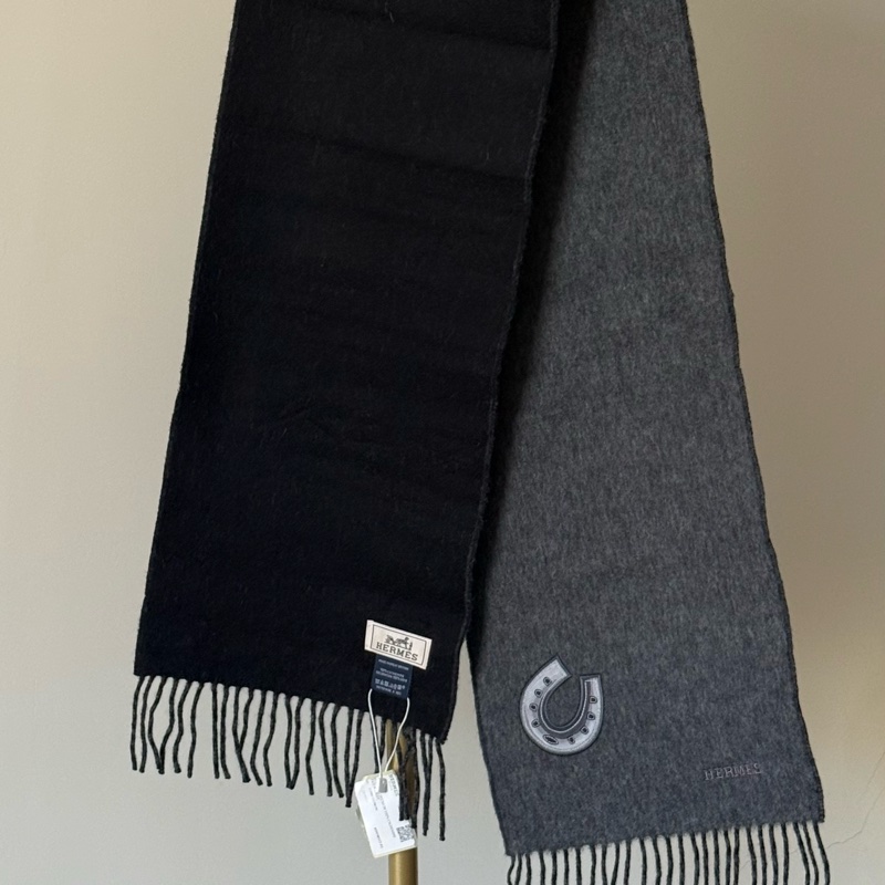 全新Hermès黑灰雙面羊絨圍巾-0