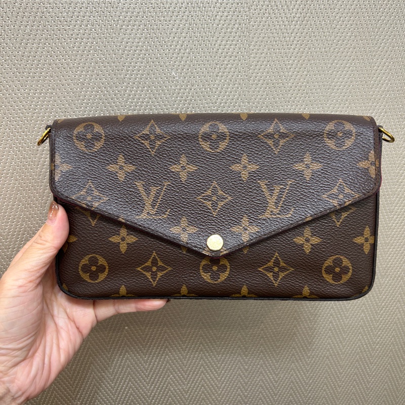 LV 原花金釦三合一信封下蓋鏈包-0