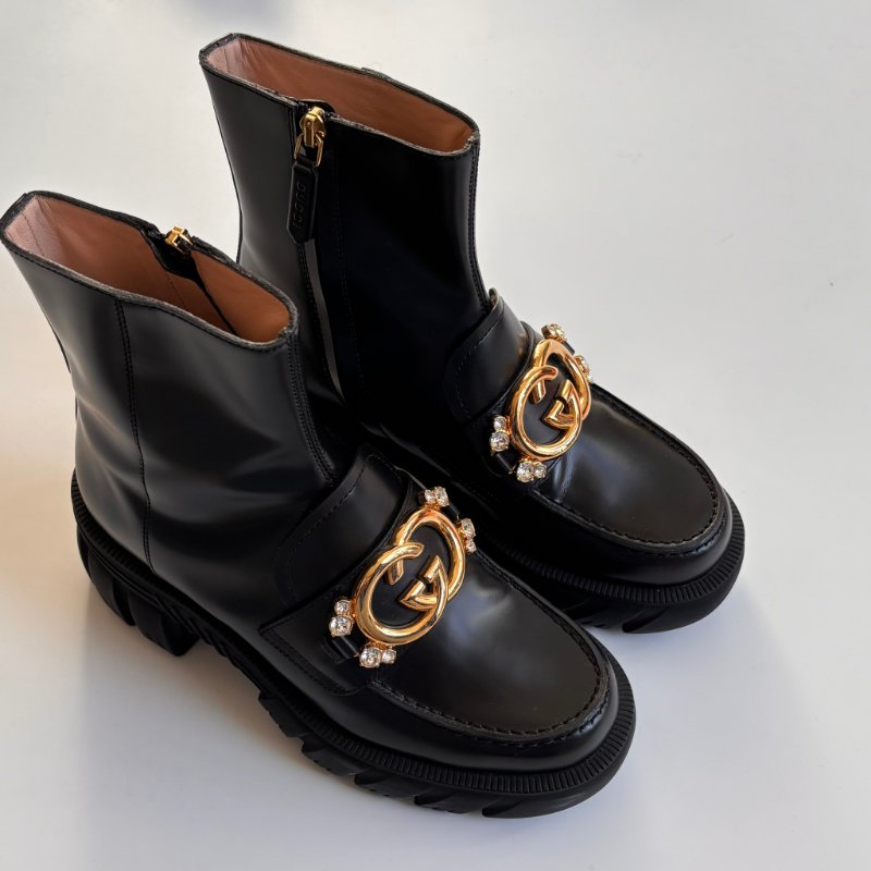 ::GUCCI:: Romance GG-Plaque Leather Ankle Boots 黑色皮革雙G水鑽皮革拉鍊靴子 35號-1
