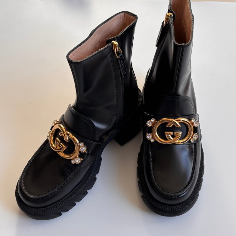 ::GUCCI:: Romance GG-Plaque Leather Ankle Boots 黑色皮革雙G水鑽皮革拉鍊靴子 35號-2