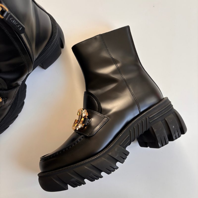 ::GUCCI:: Romance GG-Plaque Leather Ankle Boots 黑色皮革雙G水鑽皮革拉鍊靴子 35號-6