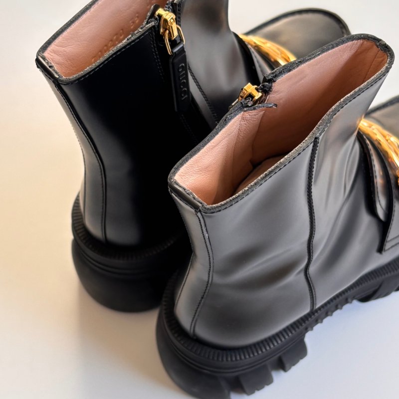 ::GUCCI:: Romance GG-Plaque Leather Ankle Boots 黑色皮革雙G水鑽皮革拉鍊靴子 35號-24