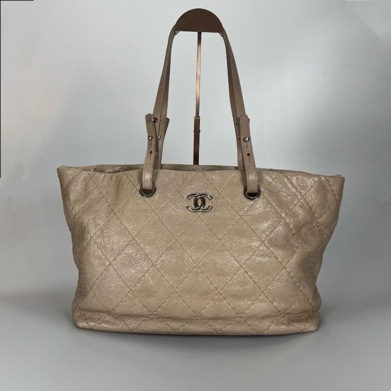 CHANEL 荔枝紋牛皮手提托特包 淺棕-0