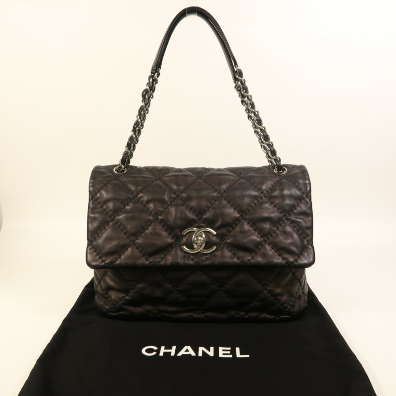 CHANEL 牛皮皮革Chain Shoulder銀扣鏈帶肩背袋-9