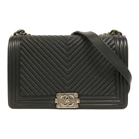 CHANEL 牛皮皮革Boy 28銀扣鏈帶肩背袋