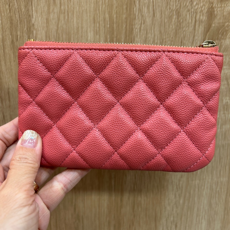Chanel 玫粉荔枝皮一字拉零錢包-3