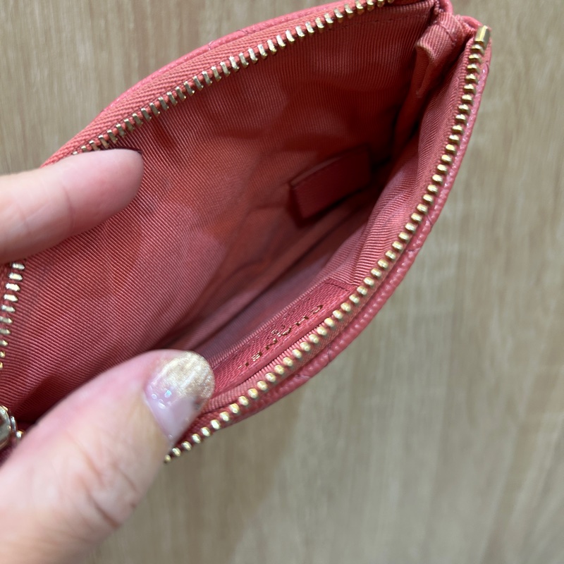 Chanel 玫粉荔枝皮一字拉零錢包-5