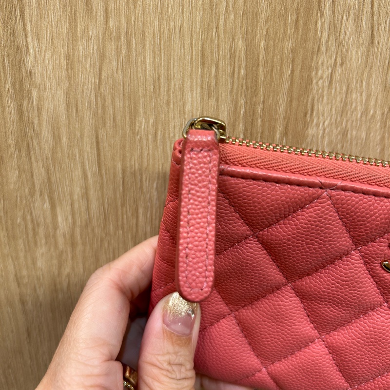 Chanel 玫粉荔枝皮一字拉零錢包-6