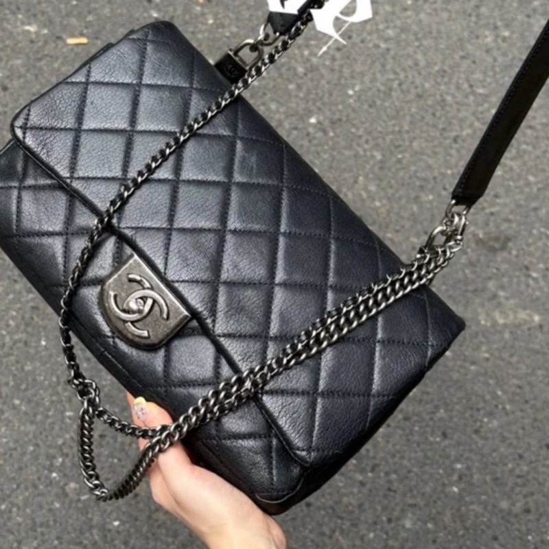Chanel Cf20黑銀鎖頭雙鏈條口蓋包 #秀款 #荔枝牛皮 #絕版收藏款-1