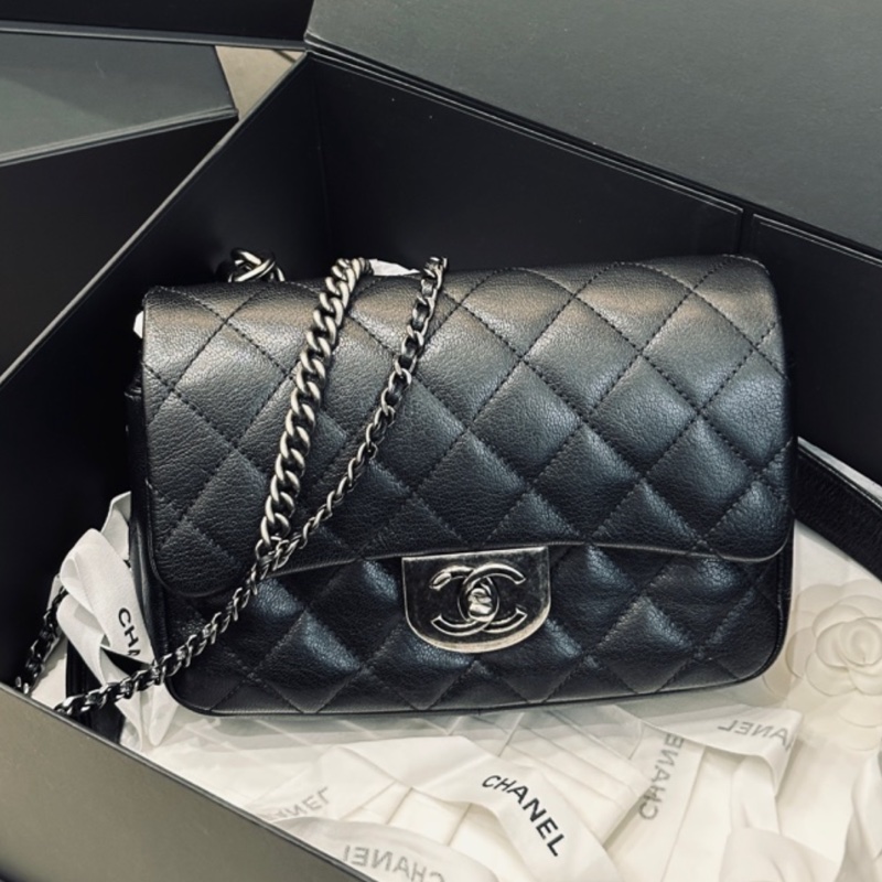 Chanel Cf20黑銀鎖頭雙鏈條口蓋包 #秀款 #荔枝牛皮 #絕版收藏款-2
