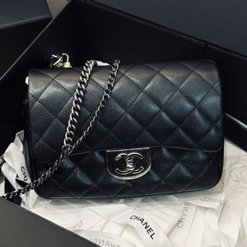 Chanel Cf20黑銀鎖頭雙鏈條口蓋包 #秀款 #荔枝牛皮 #絕版收藏款-3