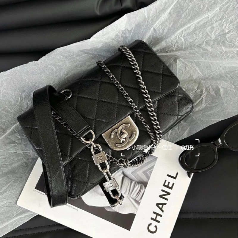 Chanel Cf20黑銀鎖頭雙鏈條口蓋包 #秀款 #荔枝牛皮 #絕版收藏款-8