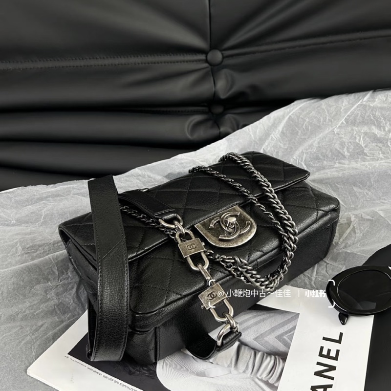 Chanel Cf20黑銀鎖頭雙鏈條口蓋包 #秀款 #荔枝牛皮 #絕版收藏款-11