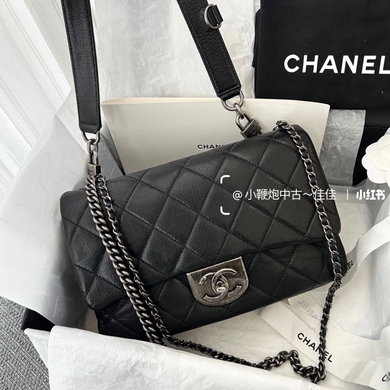 Chanel Cf20黑銀鎖頭雙鏈條口蓋包 #秀款 #荔枝牛皮 #絕版收藏款-12