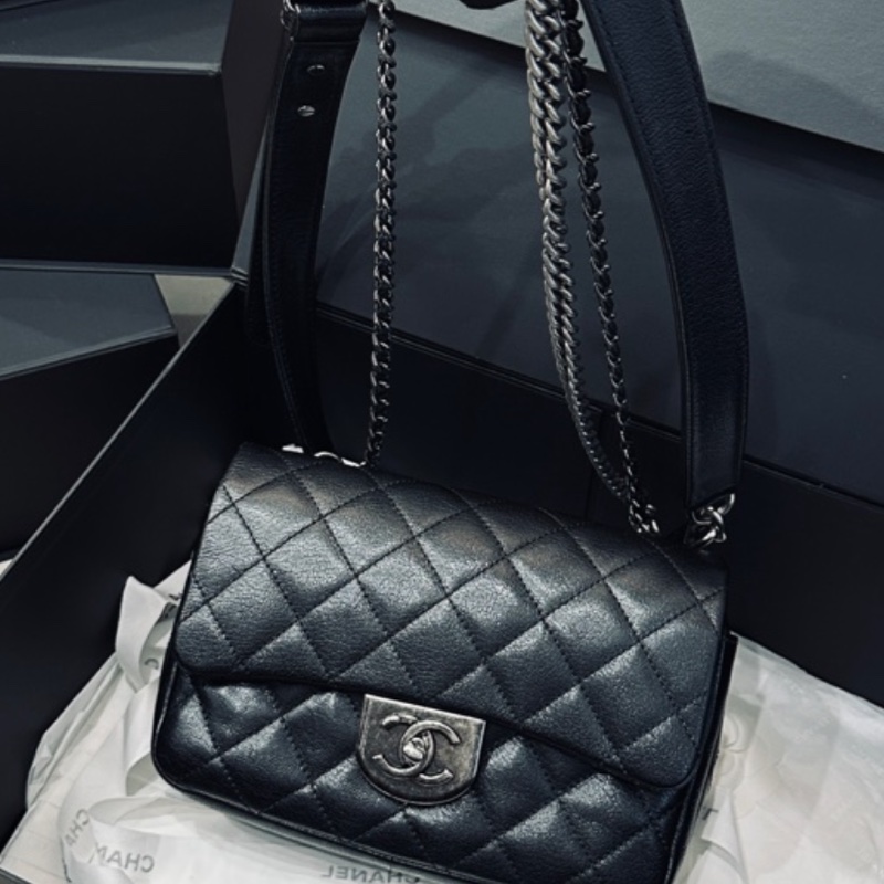 Chanel Cf20黑銀鎖頭雙鏈條口蓋包 #秀款 #荔枝牛皮 #絕版收藏款-14