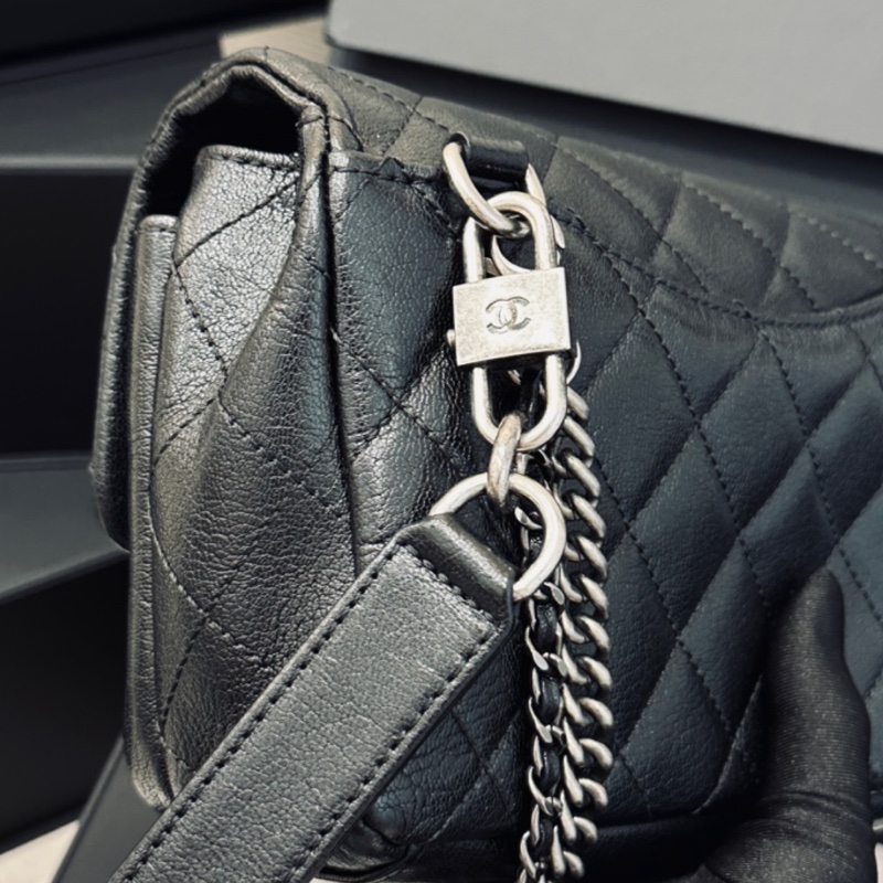 Chanel Cf20黑銀鎖頭雙鏈條口蓋包 #秀款 #荔枝牛皮 #絕版收藏款-21