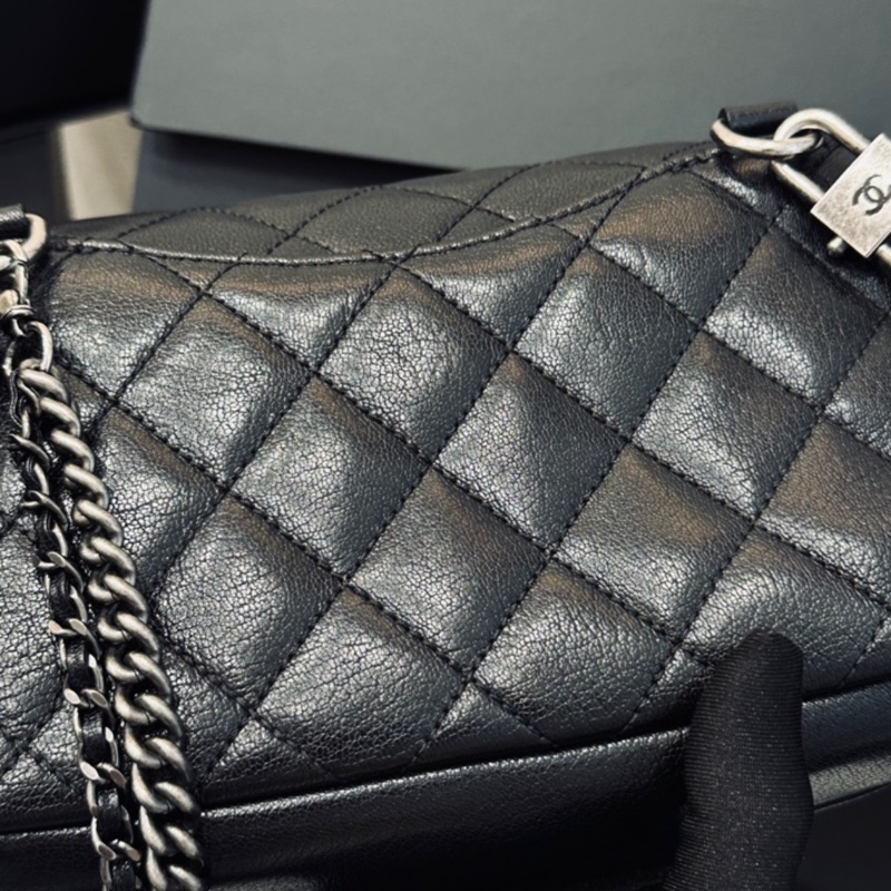 Chanel Cf20黑銀鎖頭雙鏈條口蓋包 #秀款 #荔枝牛皮 #絕版收藏款-26