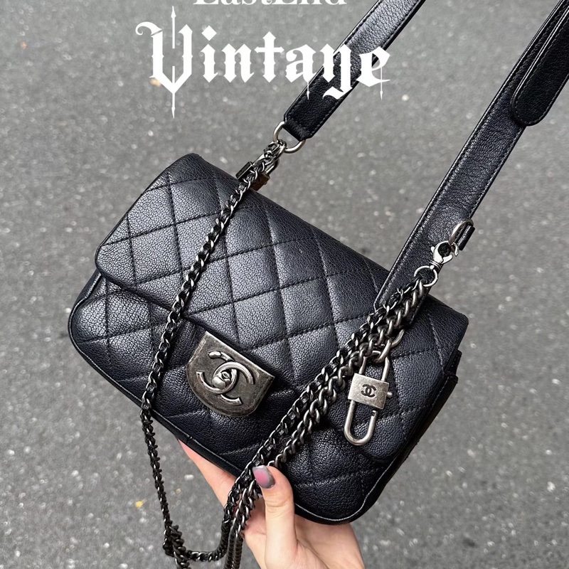 Chanel Cf20黑銀鎖頭雙鏈條口蓋包 #秀款 #荔枝牛皮 #絕版收藏款-45