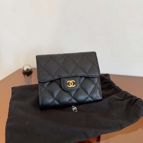 #極新 Chanel荔枝金釦三折短夾