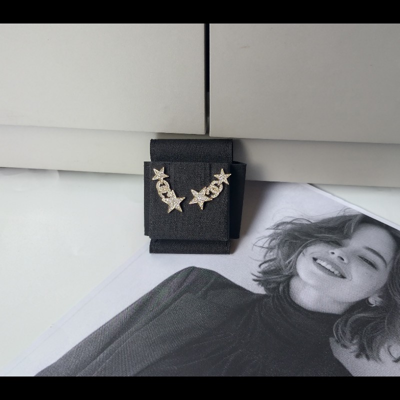 Chanel 淡金水鑽星星雙C耳環-0