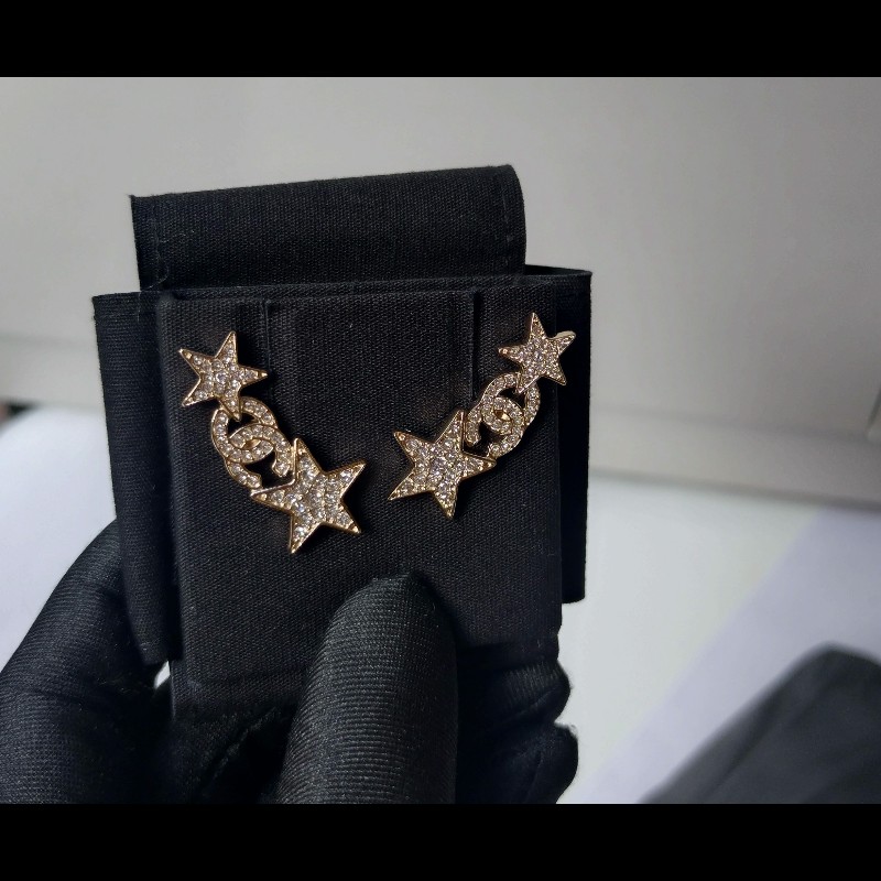 Chanel 淡金水鑽星星雙C耳環-1