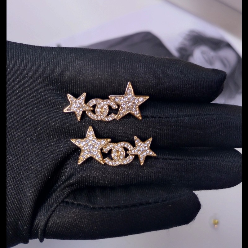 Chanel 淡金水鑽星星雙C耳環-3