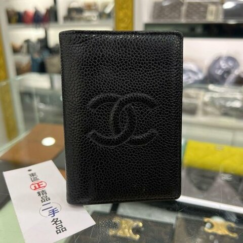 東區正精品㊣CHANEL Vintage 香奈兒黑色牛皮大雙C LOGO對折卡片夾 RZ4119