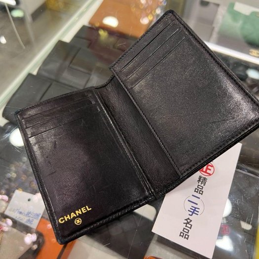 東區正精品㊣CHANEL Vintage 香奈兒黑色牛皮大雙C LOGO對折卡片夾 RZ4119-2