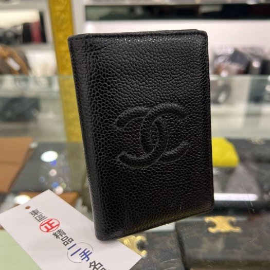 東區正精品㊣CHANEL Vintage 香奈兒黑色牛皮大雙C LOGO對折卡片夾 RZ4119-4