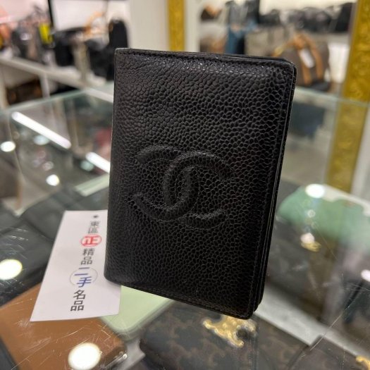 東區正精品㊣CHANEL Vintage 香奈兒黑色牛皮大雙C LOGO對折卡片夾 RZ4119-5