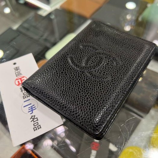 東區正精品㊣CHANEL Vintage 香奈兒黑色牛皮大雙C LOGO對折卡片夾 RZ4119-6