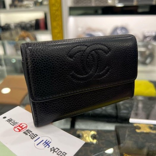 東區正精品㊣CHANEL Vintage 香奈兒黑色牛皮大雙C LOGO釦子零錢包 RZ4118-1