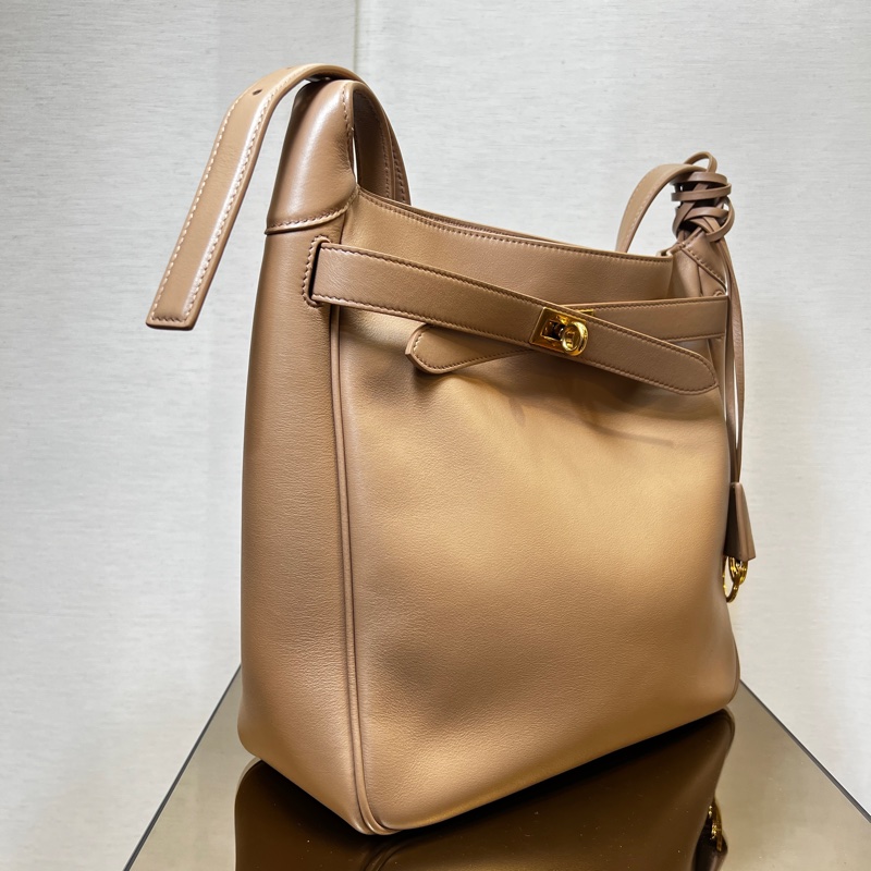 Balenciaga 奶茶牛皮霧金釦直立交叉斜背包-3