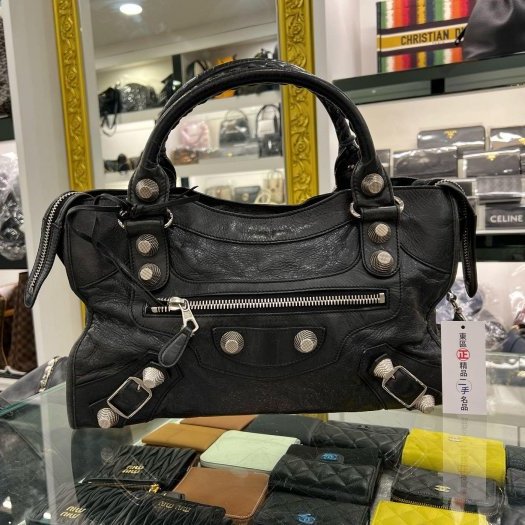 東區正精品㊣BALENCIAGA 173084 CITY 巴黎世家黑色大銀釦機車包肩背包手提包 RZ6088-0