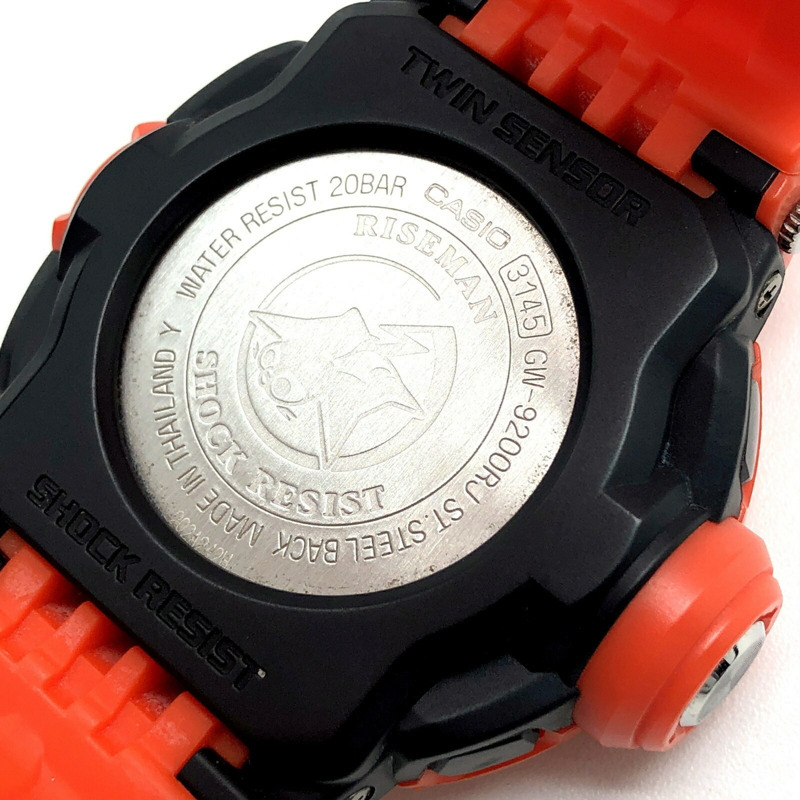 卡西歐 G-SHOCK GW-9200RJ-4 RISEMAN 男士救援橙色腕錶，配備 Riseman 電波太陽能雙感測器，可測量海拔、氣壓和溫度，於 2008 年 9 月發布。-7
