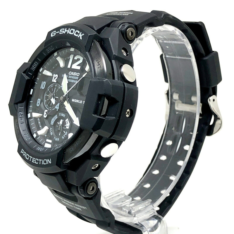 卡西歐 G-SHOCK GA-1100-1A GRAVITYMASTER 手錶，配備雙感測器，可測量方向和溫度，顯示世界時間，高亮度 LED 照明，黑白配色，指針/數字雙顯，於 2015 年 4 月發布。-2