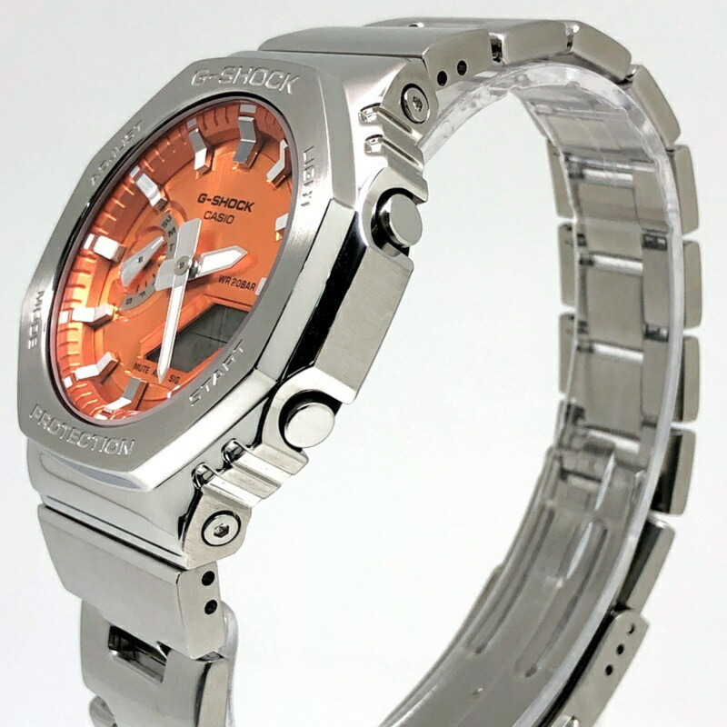 卡西歐 G-SHOCK 手錶 GM-2110D-4A 橡木金屬款八角形錶殼 雙 LED 照明 銀色/橙色指針/數位雙顯 2024 年 9 月發布-2