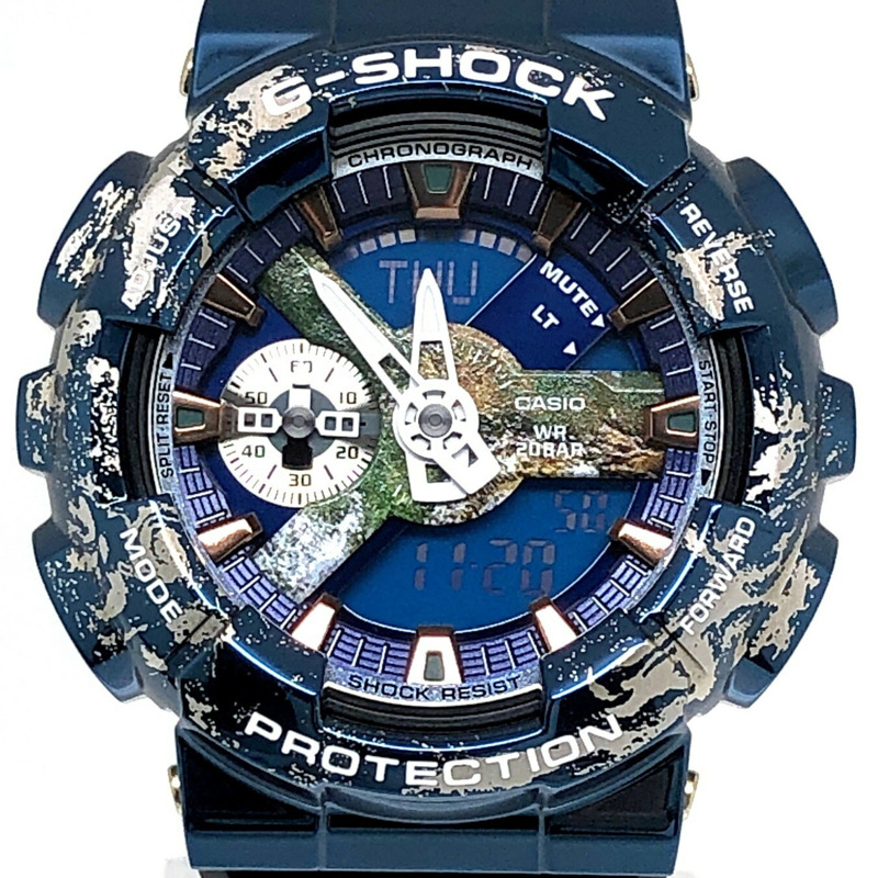 卡西歐 G-SHOCK 手錶 GM-110EARTH-1A 地球圖案金屬錶圈 LED 淺藍色金屬指針/數位雙顯，2022 年 12 月發布-0