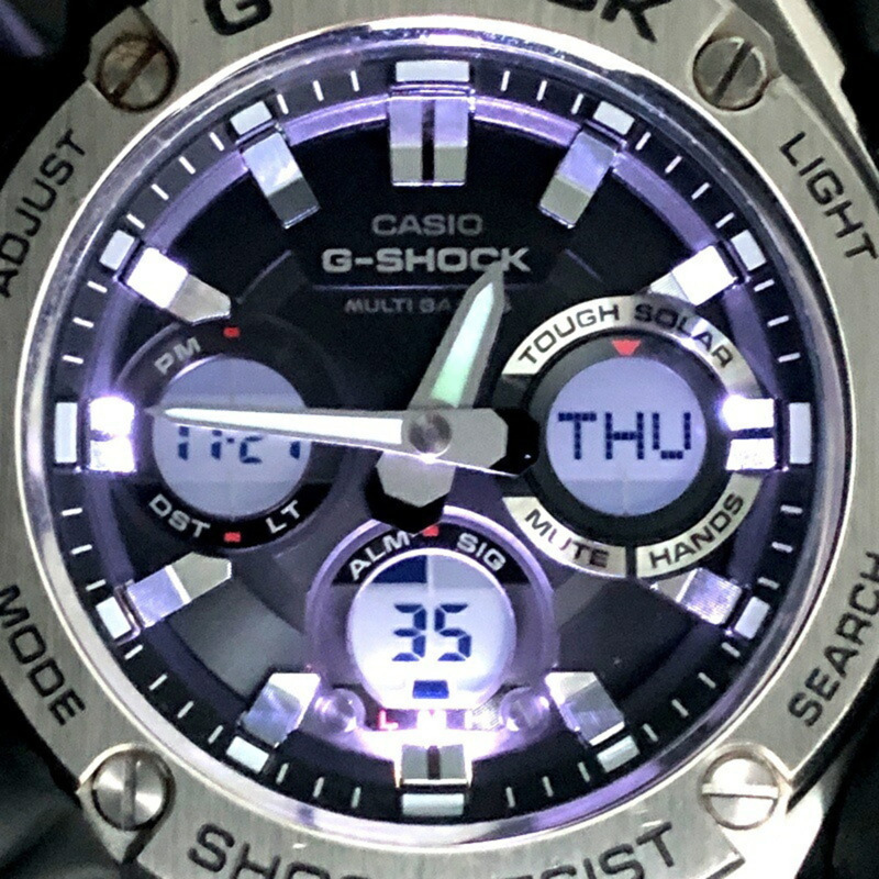 卡西歐 G-SHOCK 手錶 GST-W110-1A G-STEEL 電波太陽能金屬錶圈樹脂層保護結構雙 LED 照明模擬/數位雙顯銀色 x 黑色 2015 年 8 月發布-8