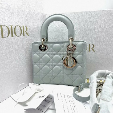 DIOR黛妃四格湖水藍金扣手提肩背斜背包20*17*8 全新閒置配件盒子塵袋購證