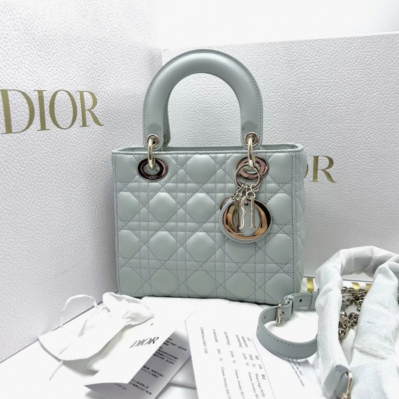 DIOR黛妃四格湖水藍金扣手提肩背斜背包20*17*8 全新閒置配件盒子塵袋購證-0