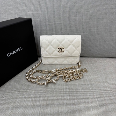 Chanel香奈兒蝴蝶結 鏈條腰包 白色 金釦