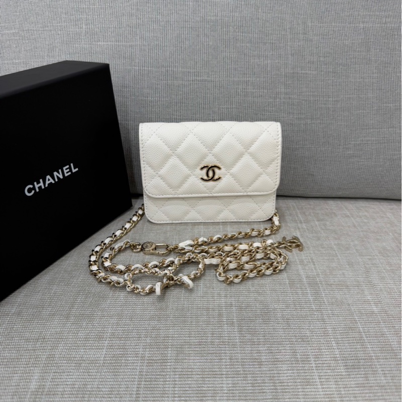Chanel香奈兒蝴蝶結 鏈條腰包 白色 金釦-0